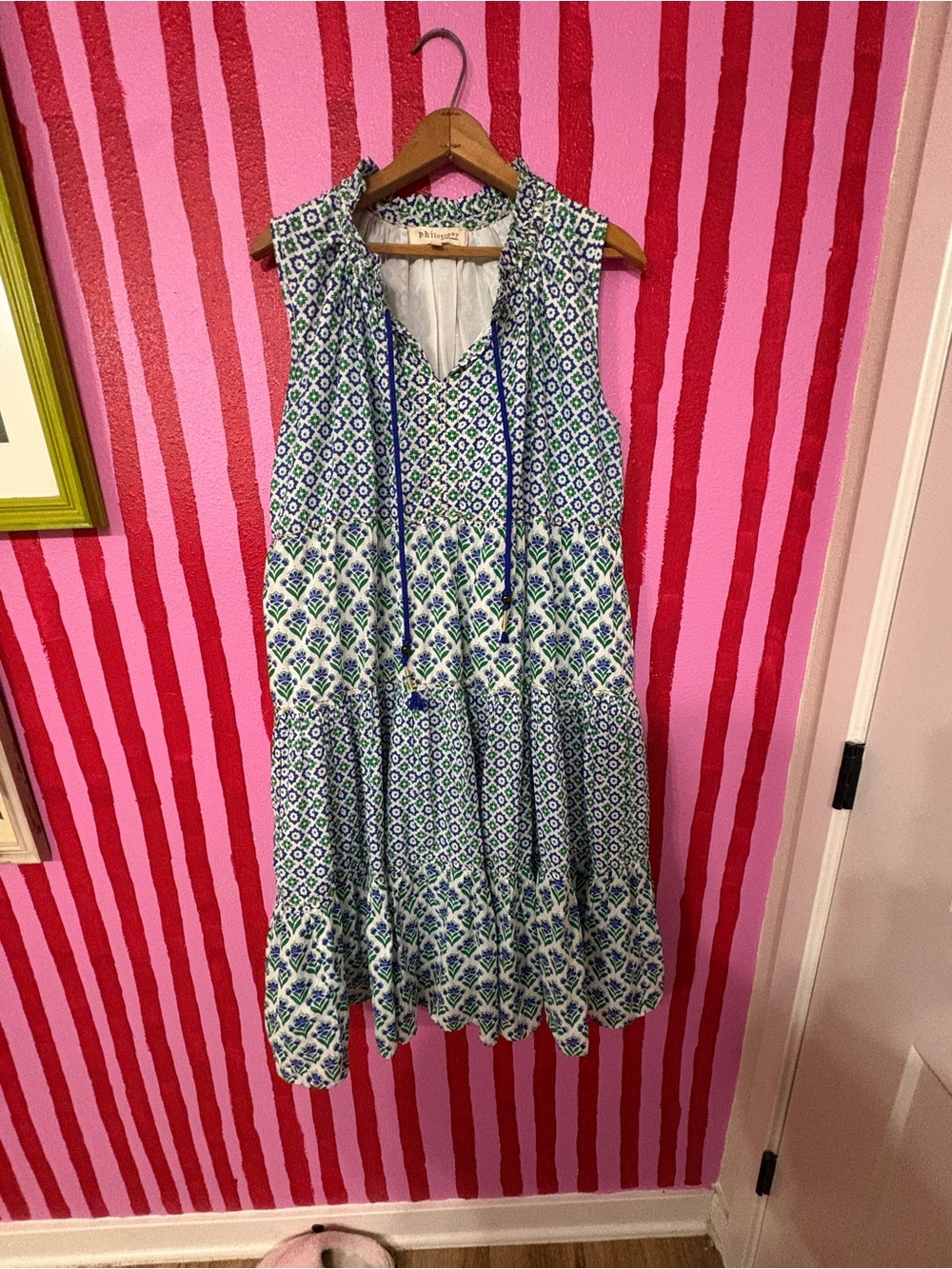 Philosophy Blue & White Printed Tiered Sleeveless Dress